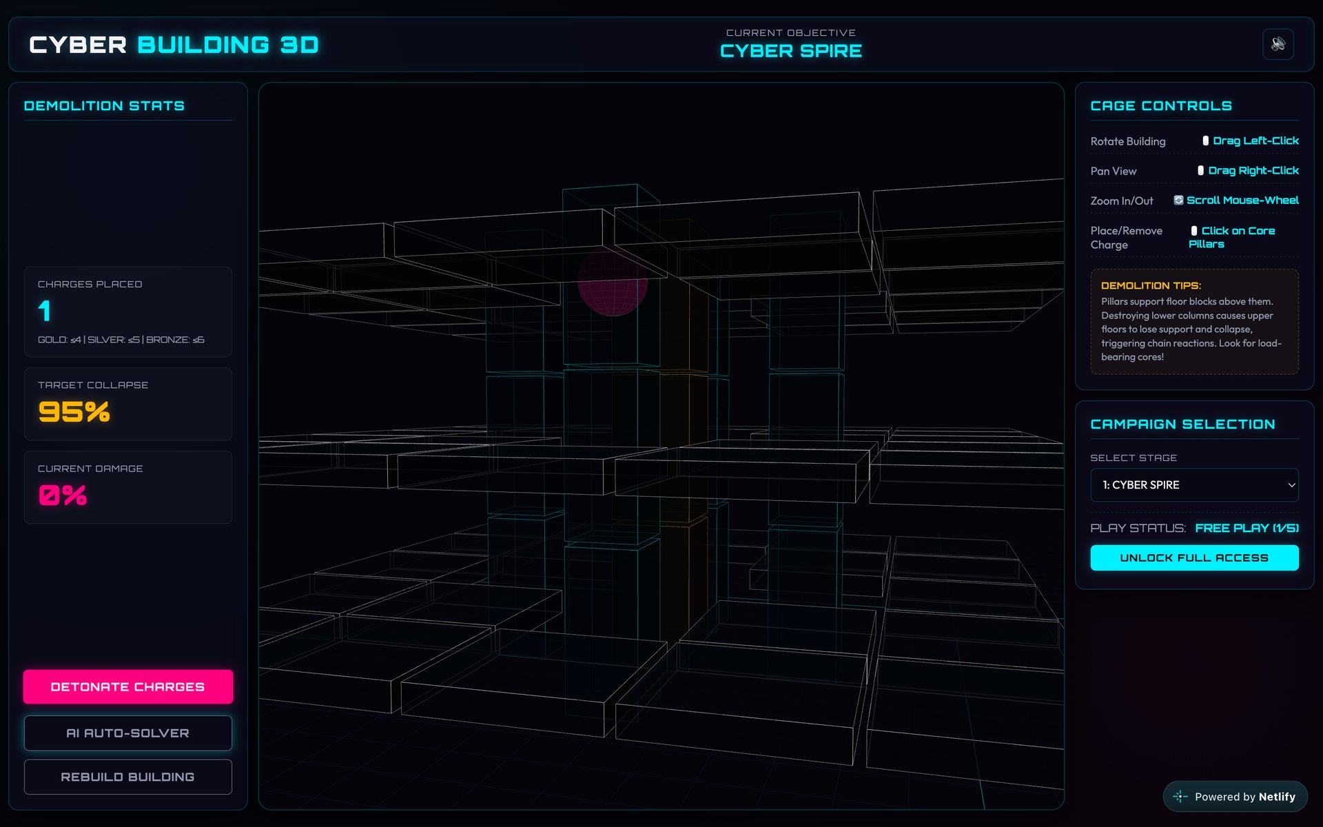 CYBER BUILDING 3D 実際のゲーム画面。サイバーパンクなワイヤーフレーム調の高層ビルと爆破解体UI
