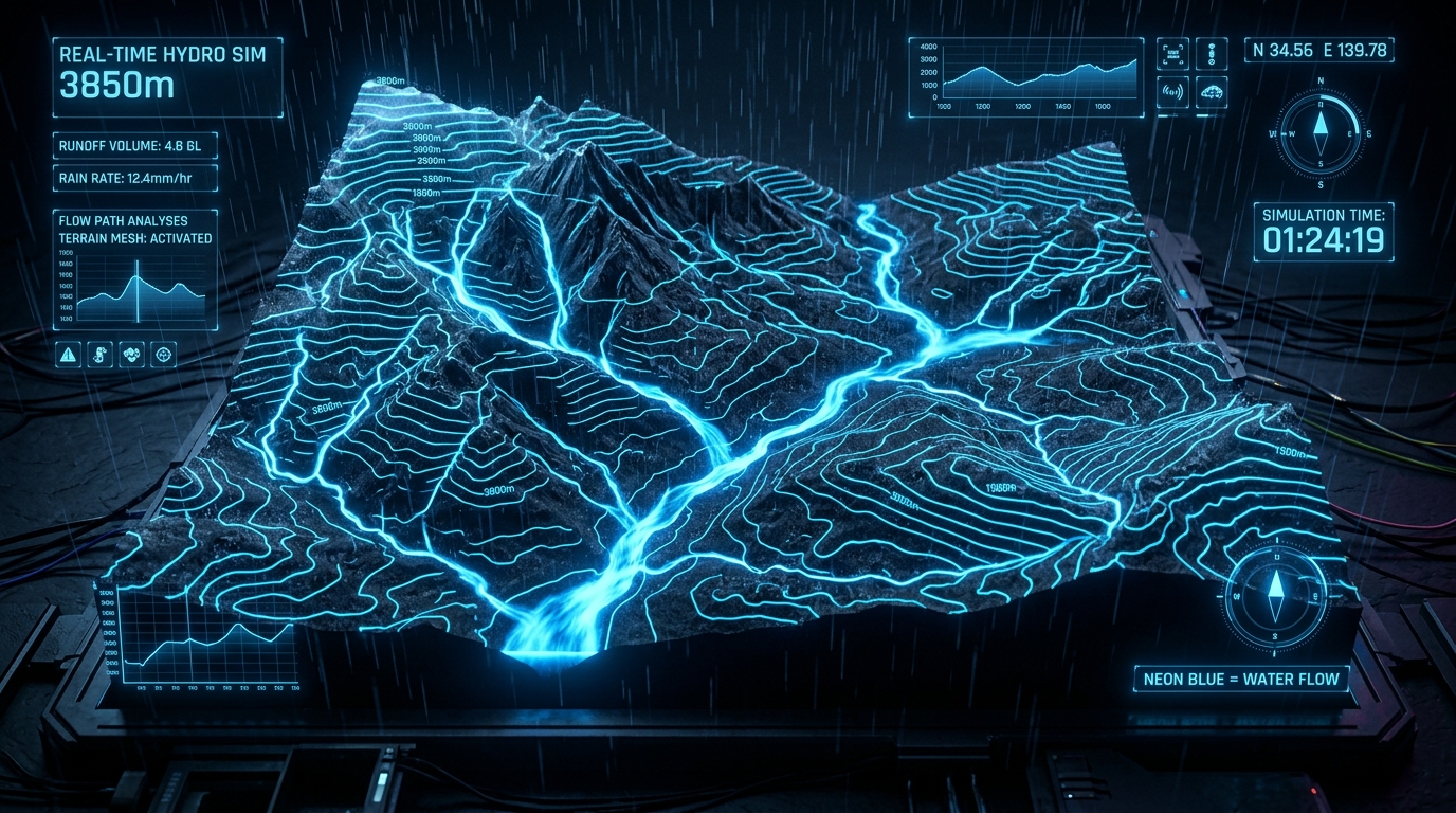 Terrain Rainfall-Runoff Simulation 3D Visual